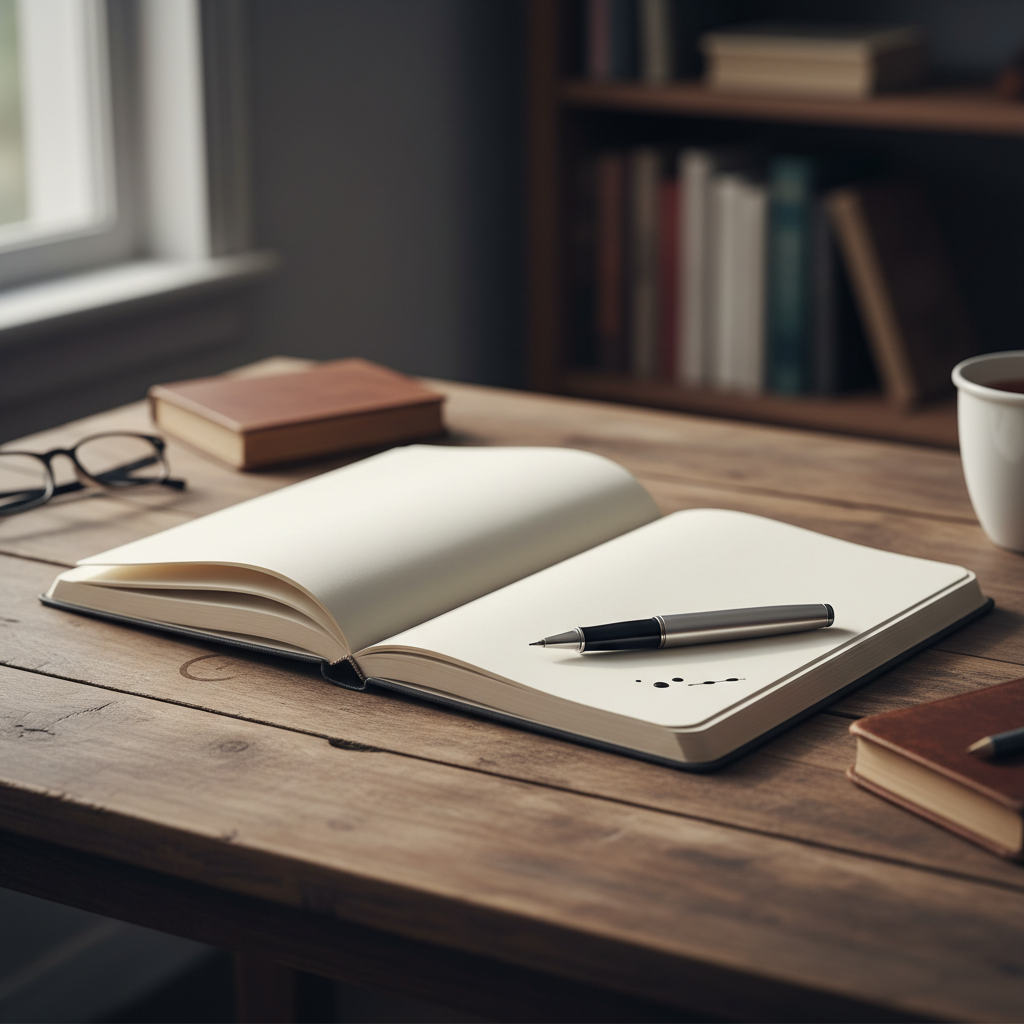 Carnet ouvert sur une table en bois avec un stylo posé à côté, lumière naturelle douce éclairant la page blanche, évoquant la réflexion, la documentation et l'exploration intellectuelle liées au bien-être