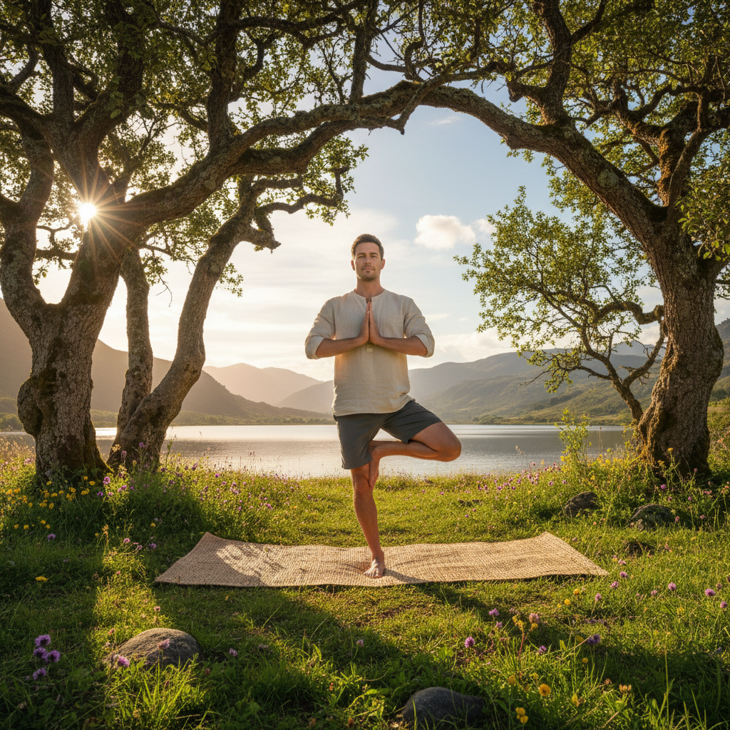 Homme pratiquant le yoga en plein air sur un tapis naturel, entouré d'une végétation sereine, posture d'équilibre photographiée sous une lumière naturelle douce évoquant la pleine conscience et la connexion avec la nature