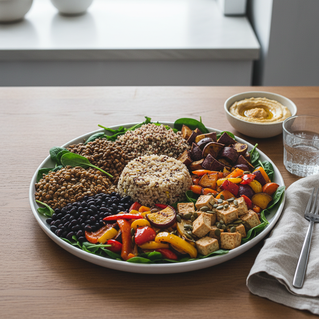 Table avec des aliments variés représentant une assiette équilibrée : légumineuses, céréales complètes, légumes colorés et protéines végétales, lumière naturelle zénithale, composition soignée évoquant une alimentation réfléchie