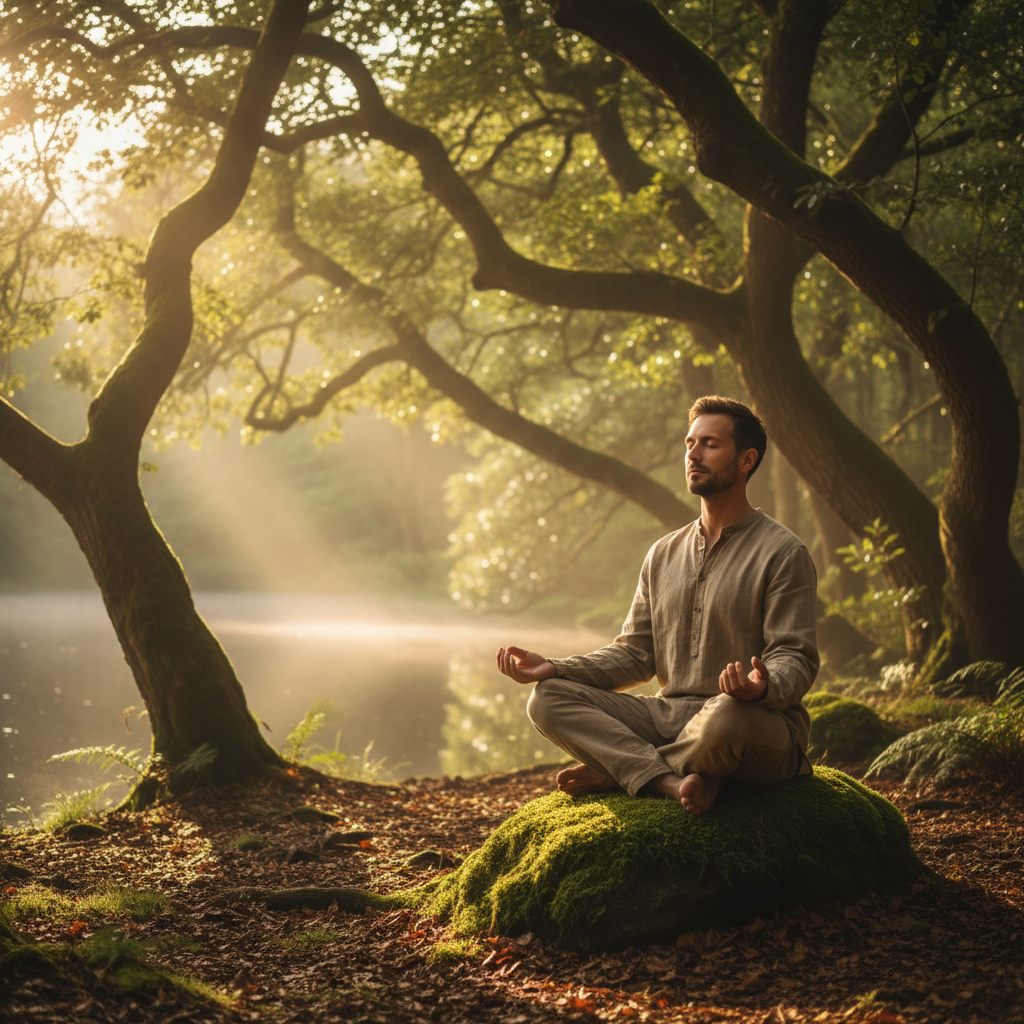 Homme en posture contemplative dans un environnement naturel serein, lumière dorée du matin filtrant à travers les arbres, évoquant la pleine conscience et l'équilibre intérieur