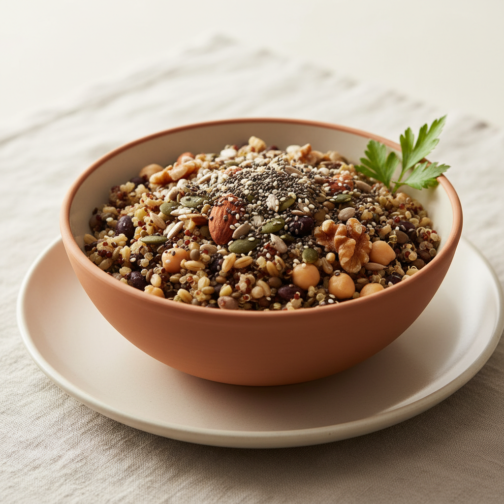Bol de céréales complètes et légumineuses accompagnés de graines et noix variées, composition minimaliste sur fond clair évoquant la richesse nutritive des aliments entiers