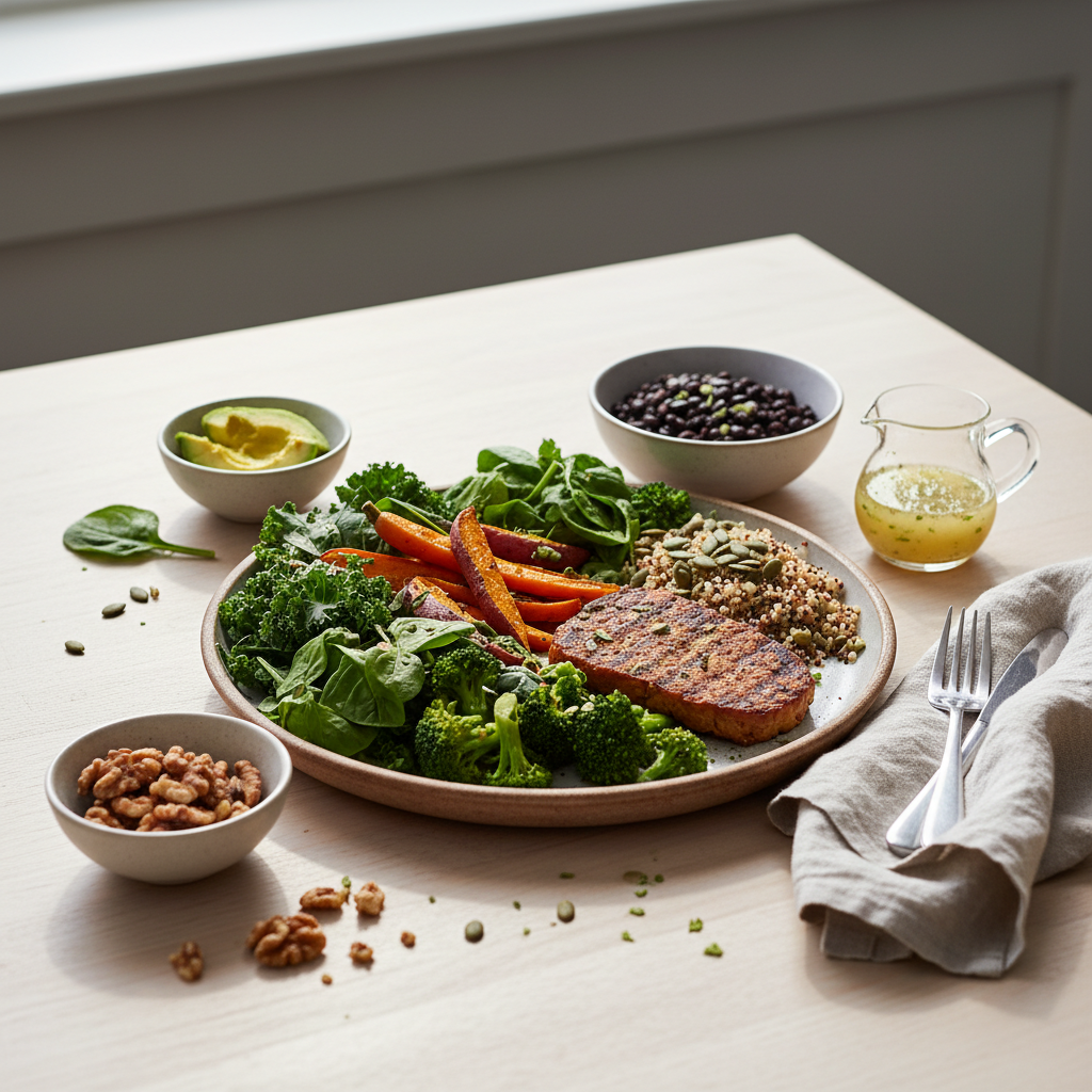 Repas sain équilibré présenté sur une table lumineuse, incluant légumes verts, protéines végétales et accompagnements nutritifs, photographié sous une lumière naturelle douce