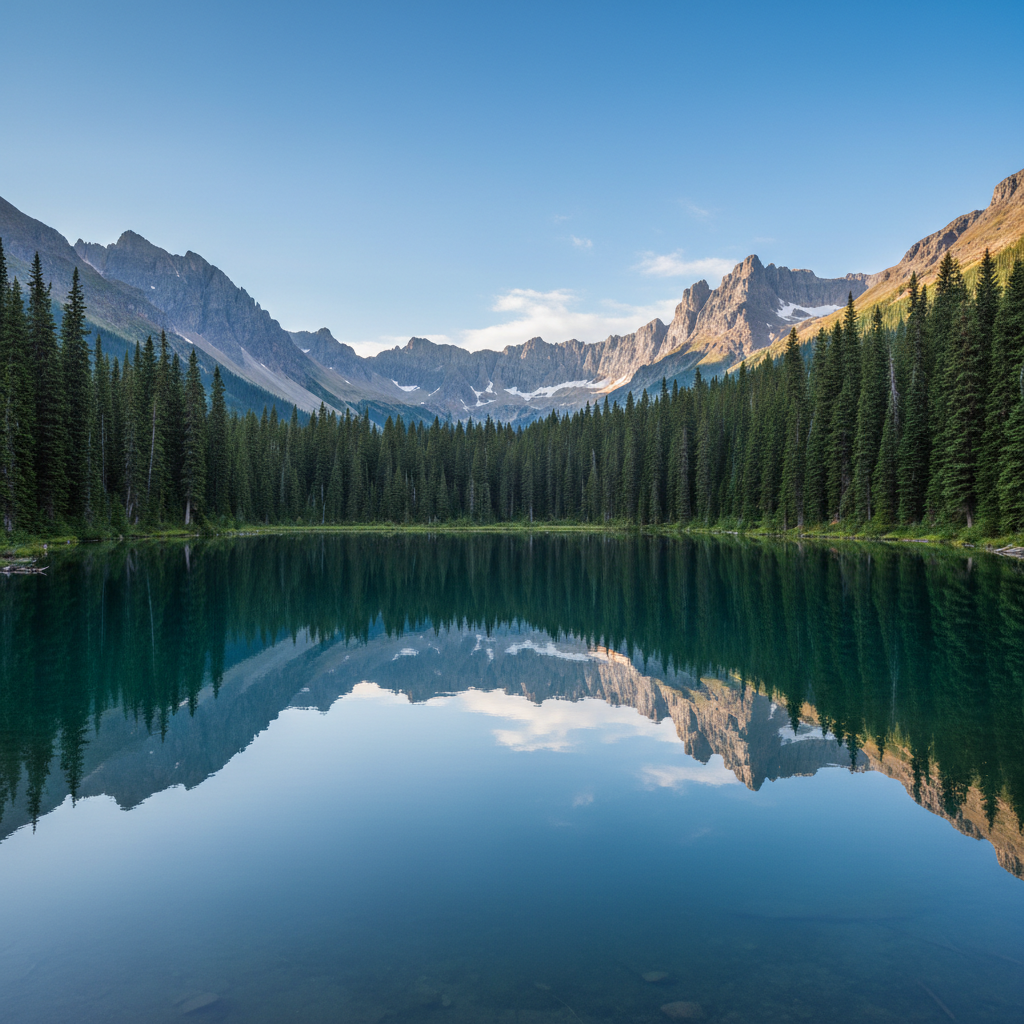 Paysage naturel apaisant avec un lac de montagne aux eaux calmes reflétant le ciel bleu clair, entouré de conifères, évoquant la tranquillité et la reconnexion avec la nature