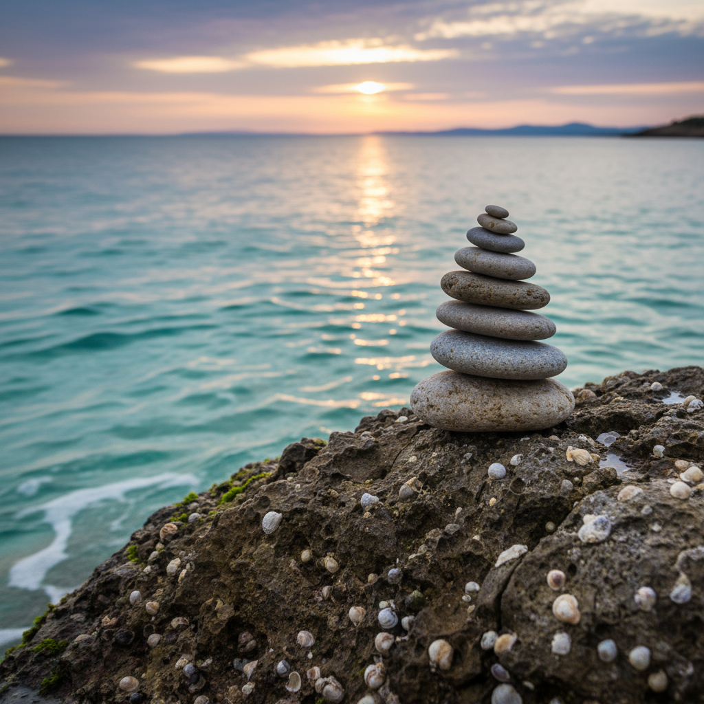 Galets empilés en équilibre sur une surface rocheuse au bord de l'eau, composition minimaliste et contemplative symbolisant l'harmonie, la patience et l'équilibre intérieur